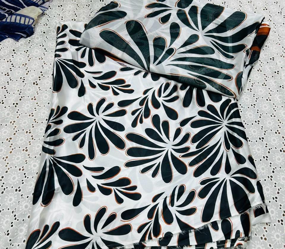 White Silk 3-Piece Unstitched Suit with Black Floral Print