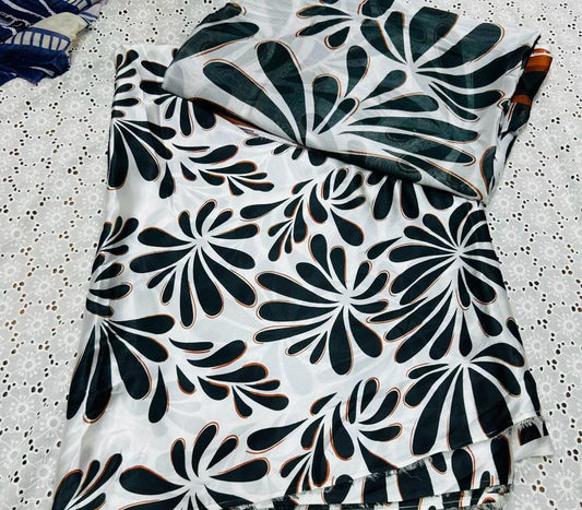 White Silk 3-Piece Unstitched Suit with Black Floral Print