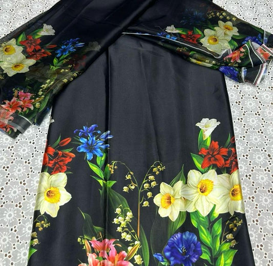 Black Silk 3-Piece unstitched  Suit with Red & White Floral Print