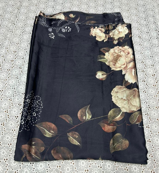 Black Silk 3-Piece Unstitched Suit with Brown & White Floral Print
