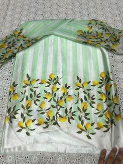 White Silk 3-Piece unstitched Suit with Green Floral Print