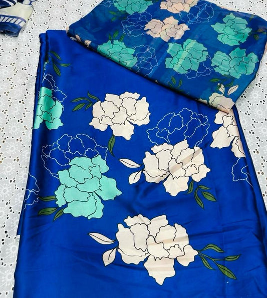 Navy Blue Silk 3-Piece unstitched  Suit with White Floral Print