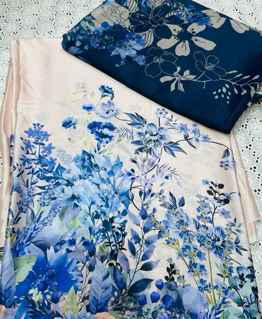 White Silk 3-Piece Unstitched Suit with Blue Floral Print