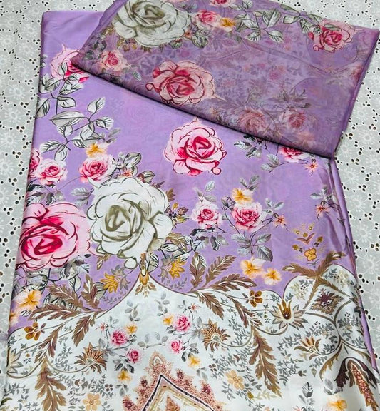 Purple Silk 3-Piece Unstitched Suit with Floral Print