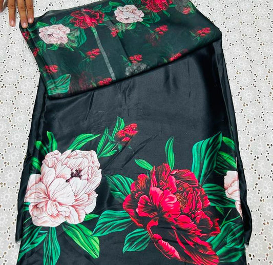 Black Silk 3-Piece unstitched  Suit with Red & White Floral Print